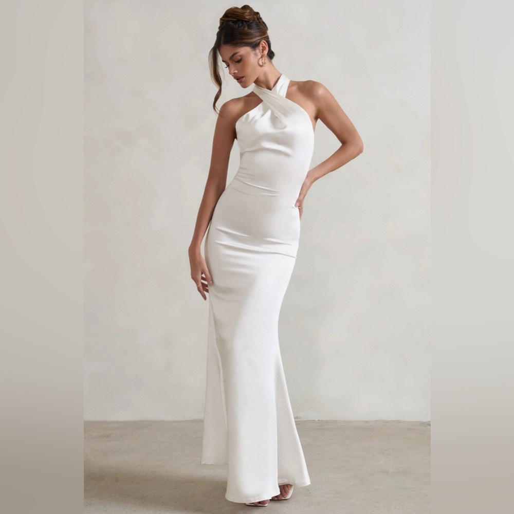 GORGEOUS BRIDAL Unstoppable | White Satin Cross
Over Halter Neck Maxi Dress